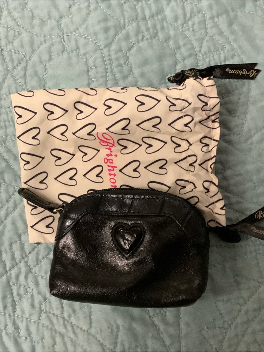Brighton Black Leather Heart Coin Pouch with Drawstring Bag